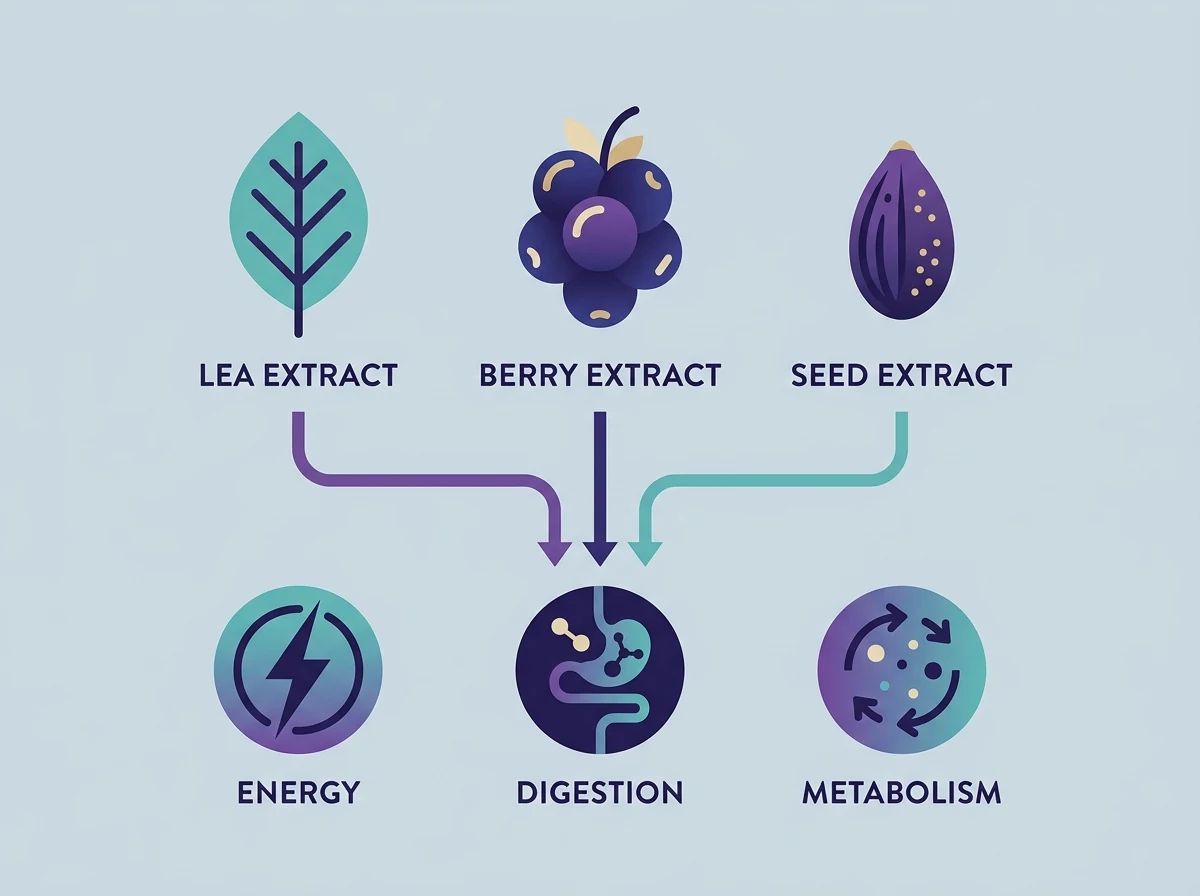 Plant extract supplement supporting normal metabolism - botanical infographic
